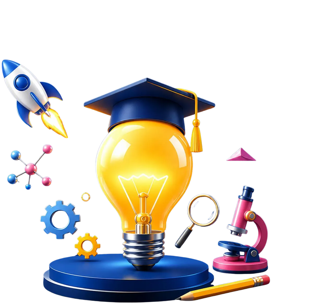 Knowledge and education concept: Graduation cap, rocket and icons orbiting lightbulb